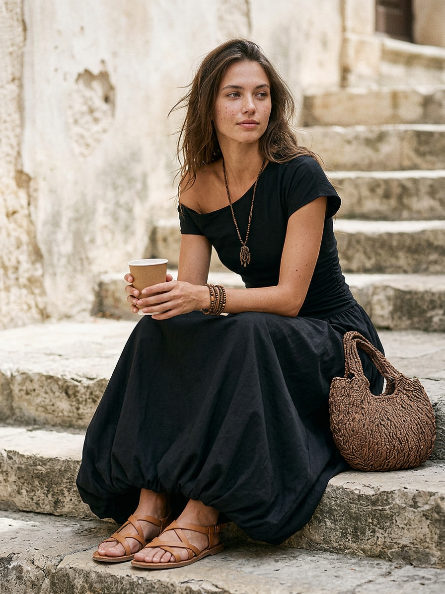 Lona™ | Maxi-jurk met één schouder en ballonzoom in vintage-stijl