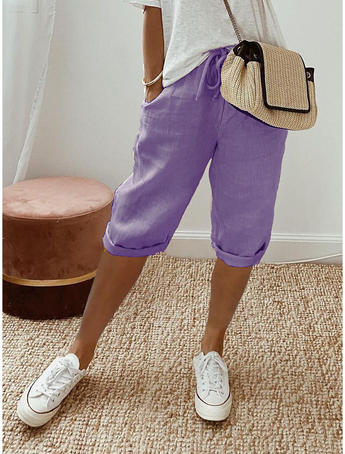 Casual cotton and linen capri pants for women