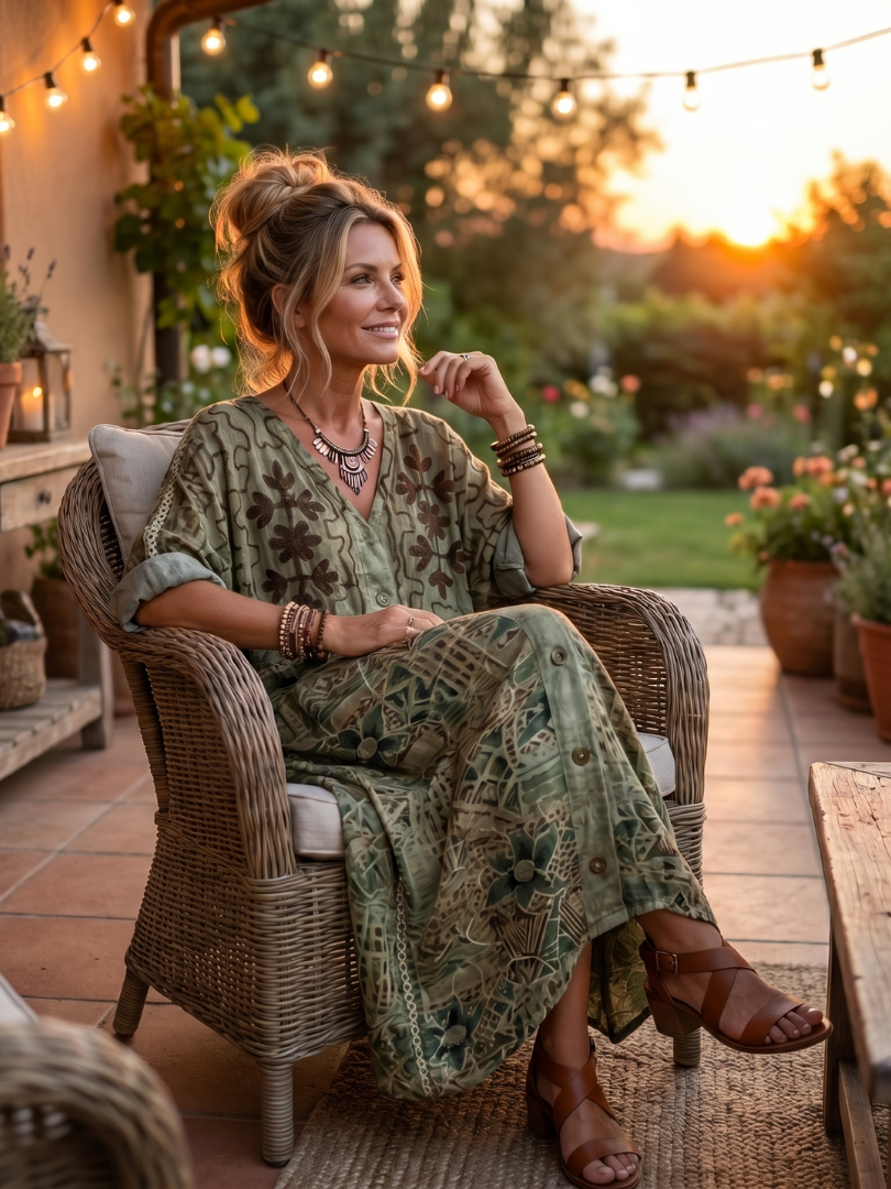 Aleta | Midi-jurk met oversized zakken en knoopsluiting aan de voorkant