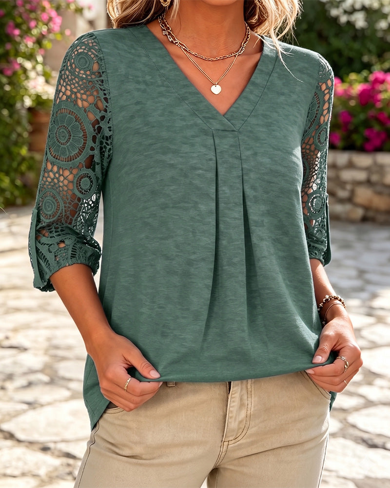 Marjon | Blouse met blonde patchwork en V-hals
