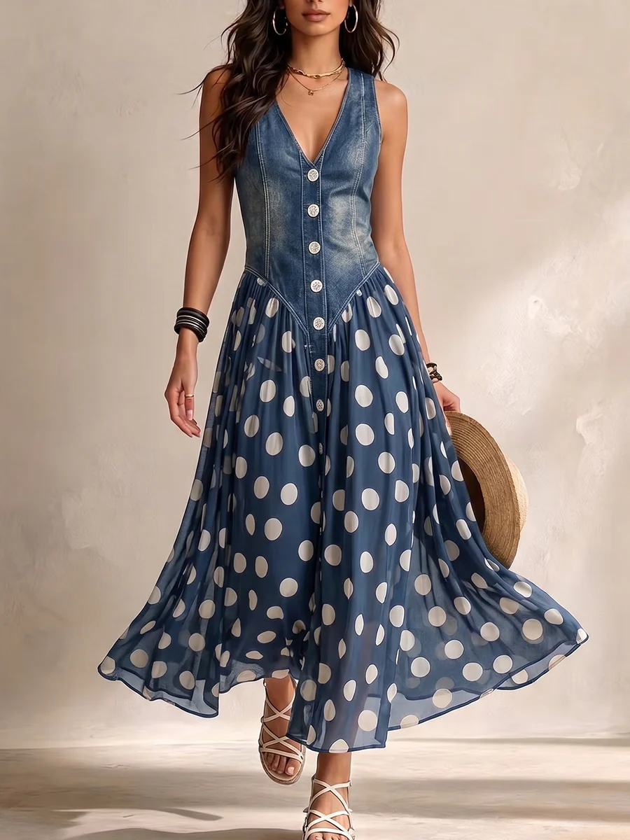 Jasmin™ |  Spijkerjurk met chiffon rok met stippen