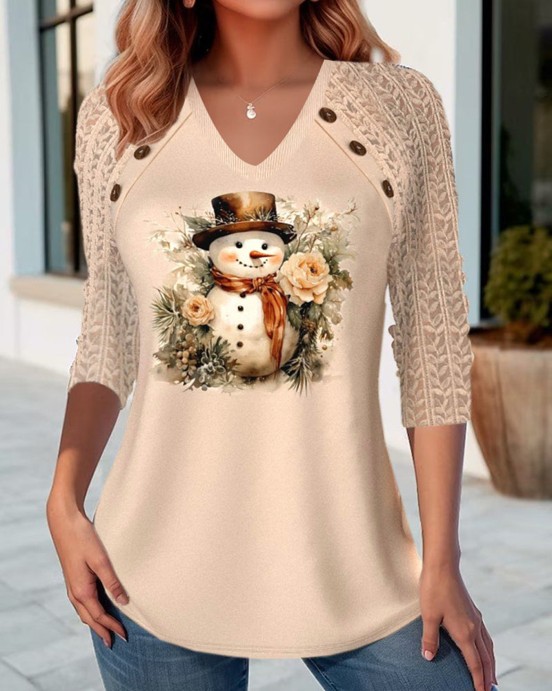 Casual V-hals top met sneeuwmanprint