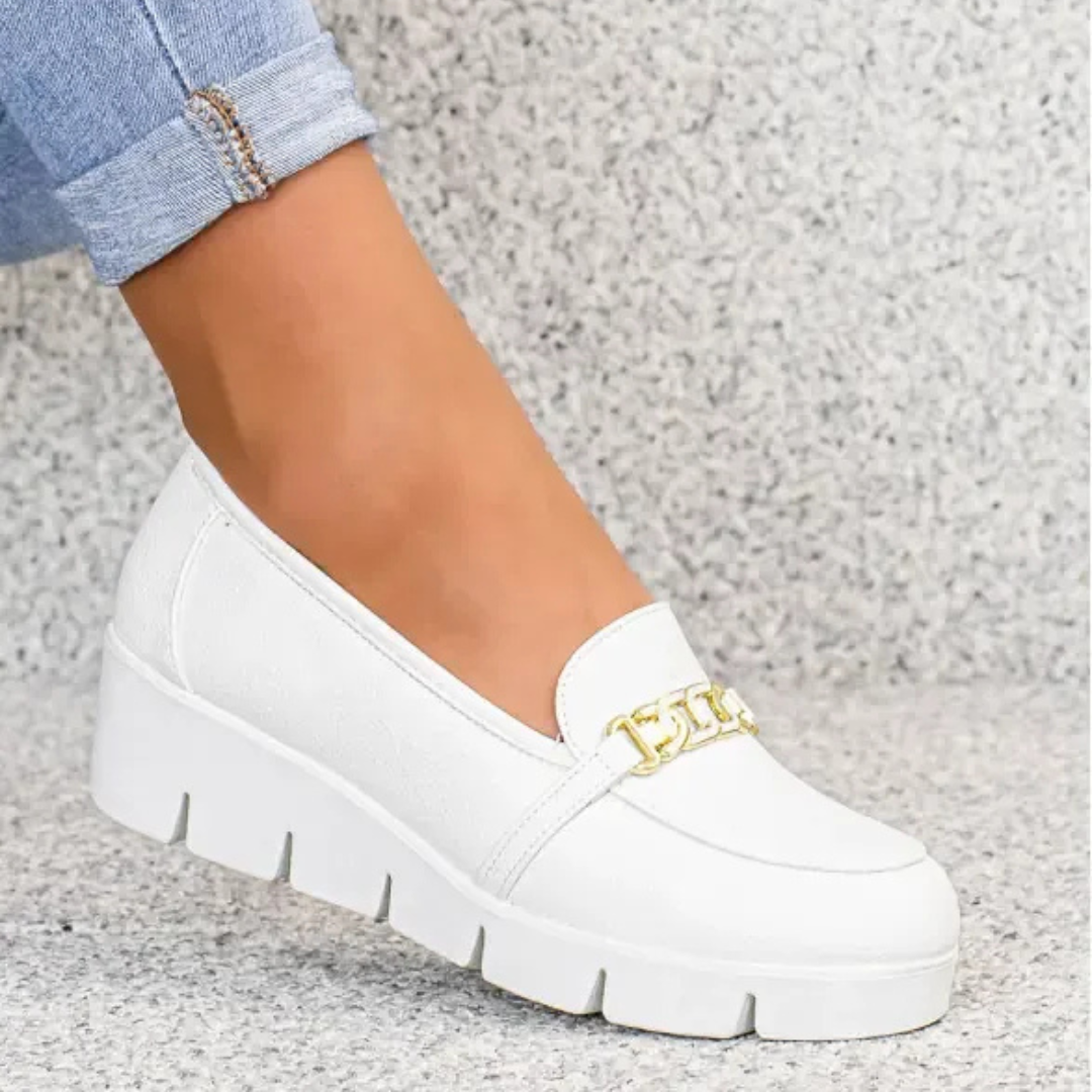 Kornelia White Wedge Moccasins with Buckle
