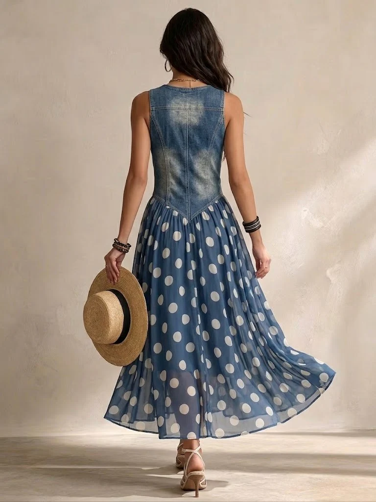 Jasmin™ |  Spijkerjurk met chiffon rok met stippen
