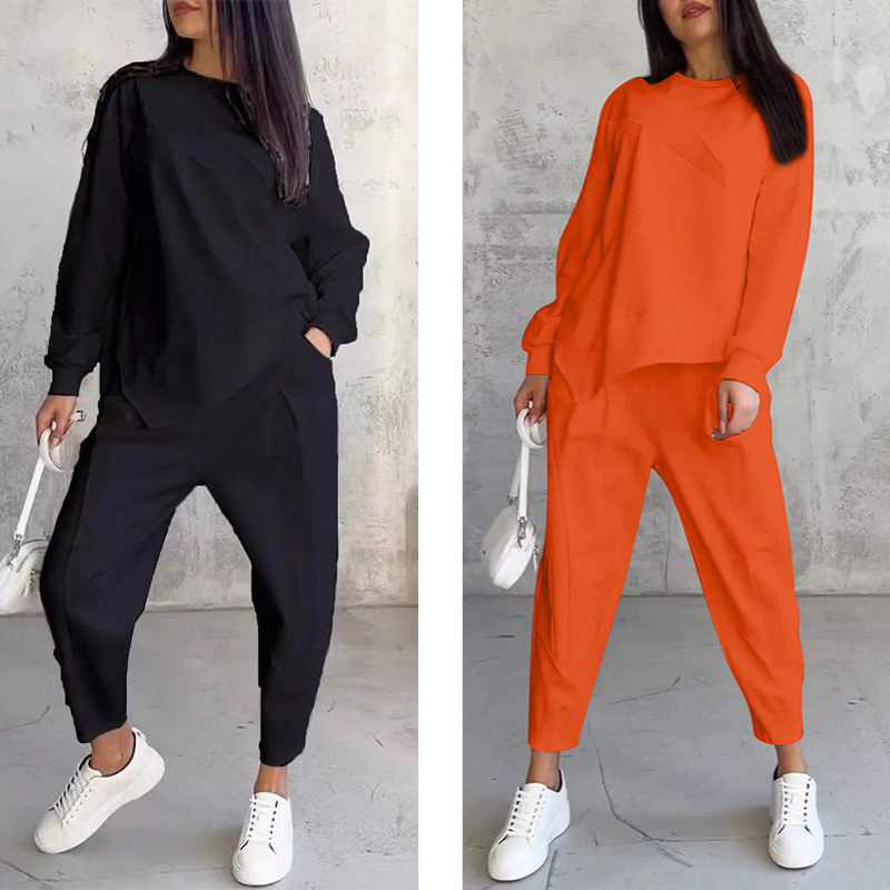 Women's long-sleeve sweatshirt with an asymmetrical hem and a matching set with pants