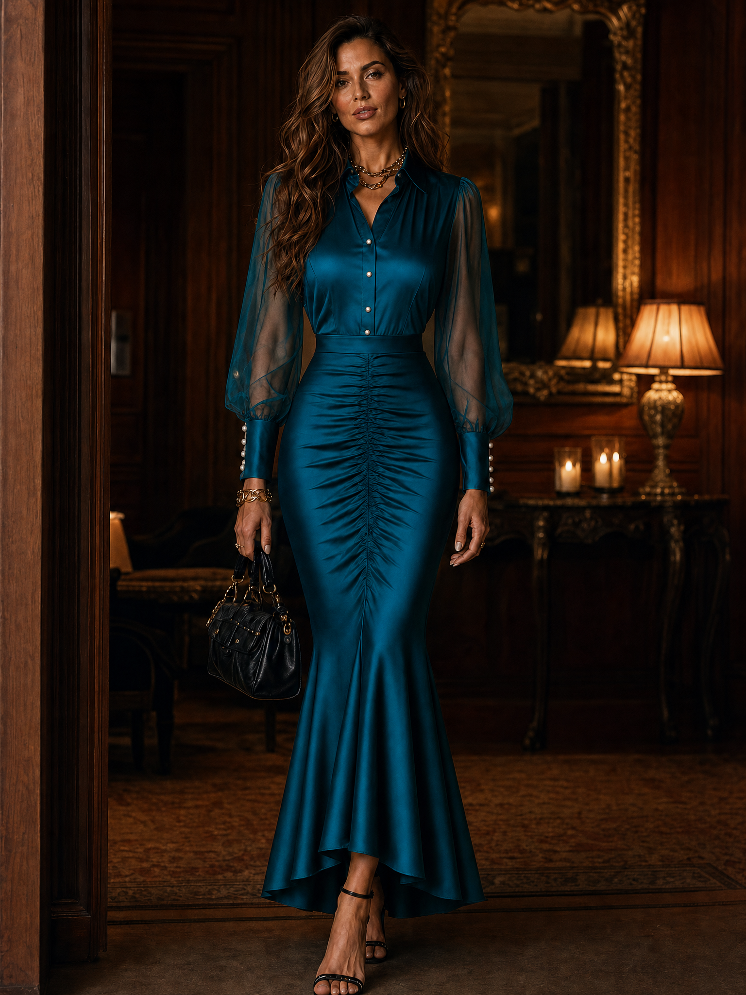 Amira™ | Retro-elegante, maxi-jurk met pofmouwen, van satijn in zeemeerminmodel