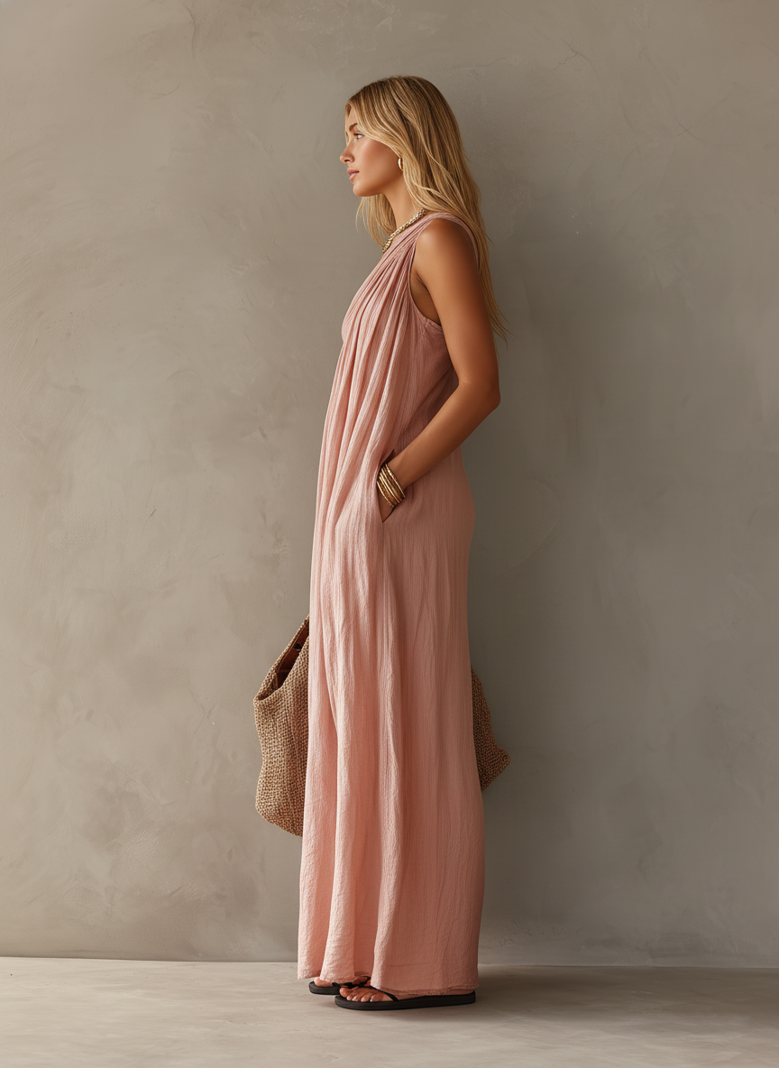 Sienna™ | Elegante maxi-jurk van katoen en linnen met één schouder en zonder mouwen