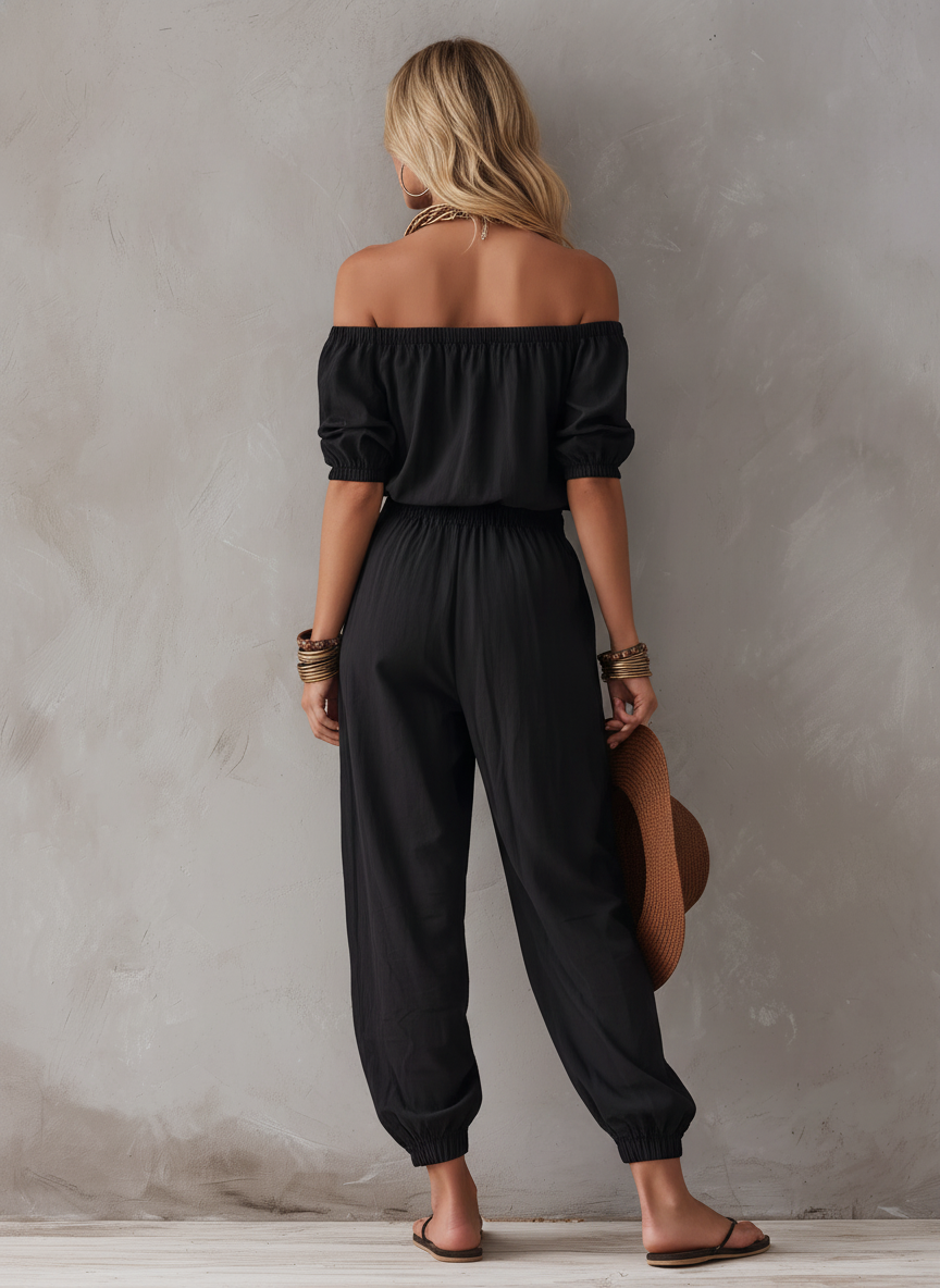 Julia™ | Casual zwarte geweven off-shoulder mouwloze jumpsuit