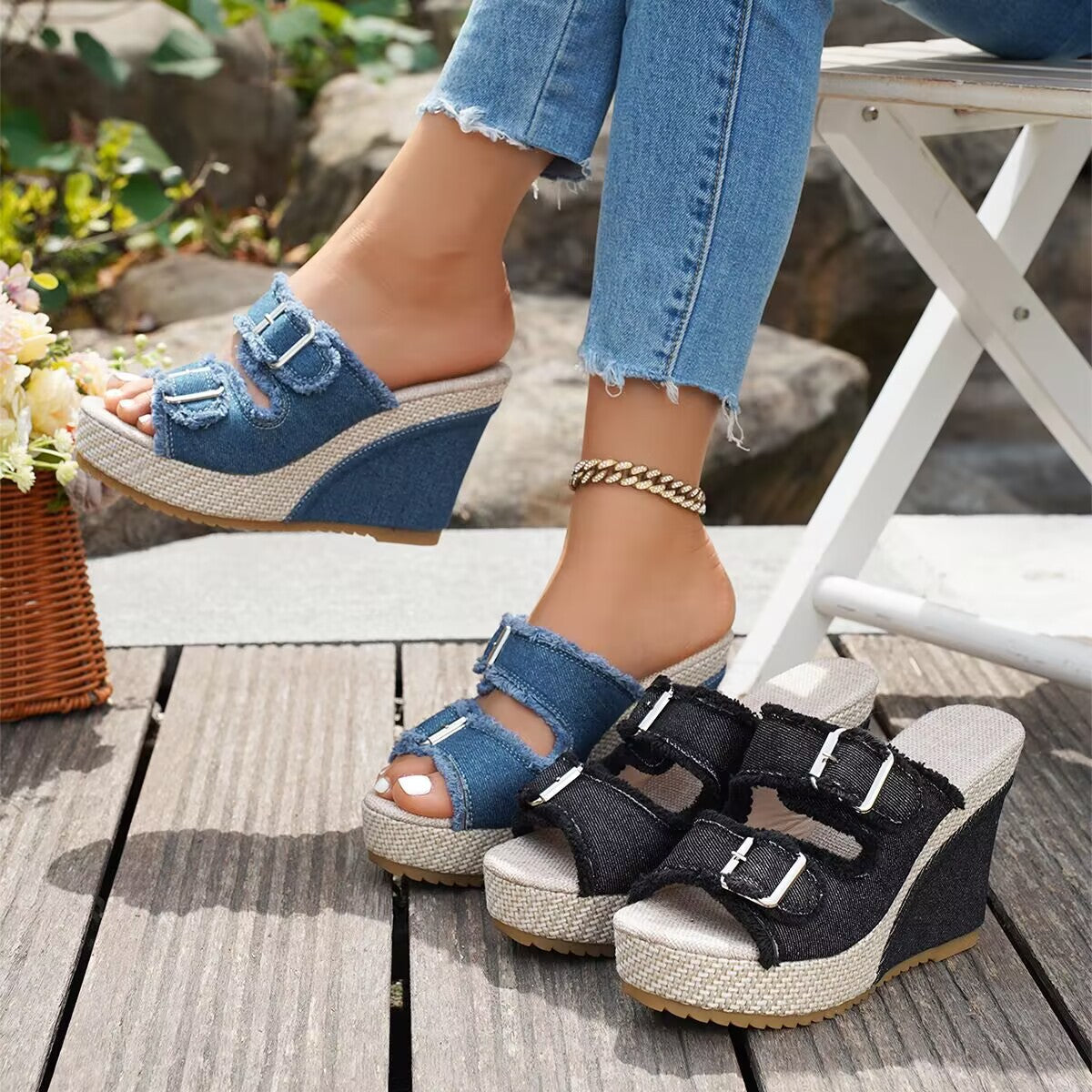 Atelier Denim Fray-Edge Wedge Sandals