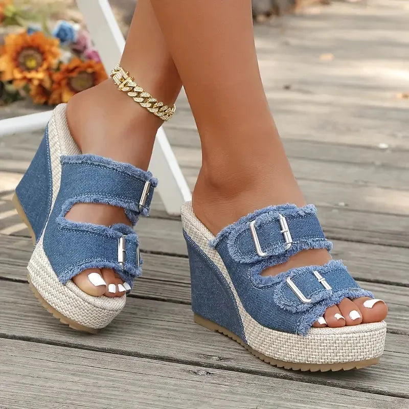 Atelier Denim Fray-Edge Wedge Sandals