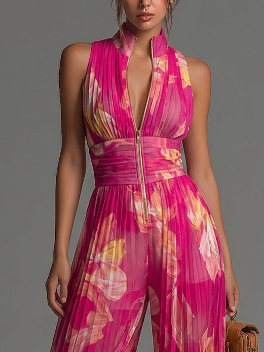 Célia™ | Fuchsia chiffon jumpsuit met bloemenprint en plooien