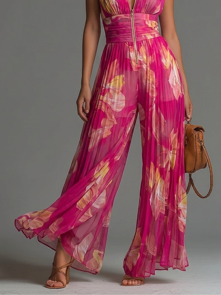 Célia™ | Fuchsia chiffon jumpsuit met bloemenprint en plooien