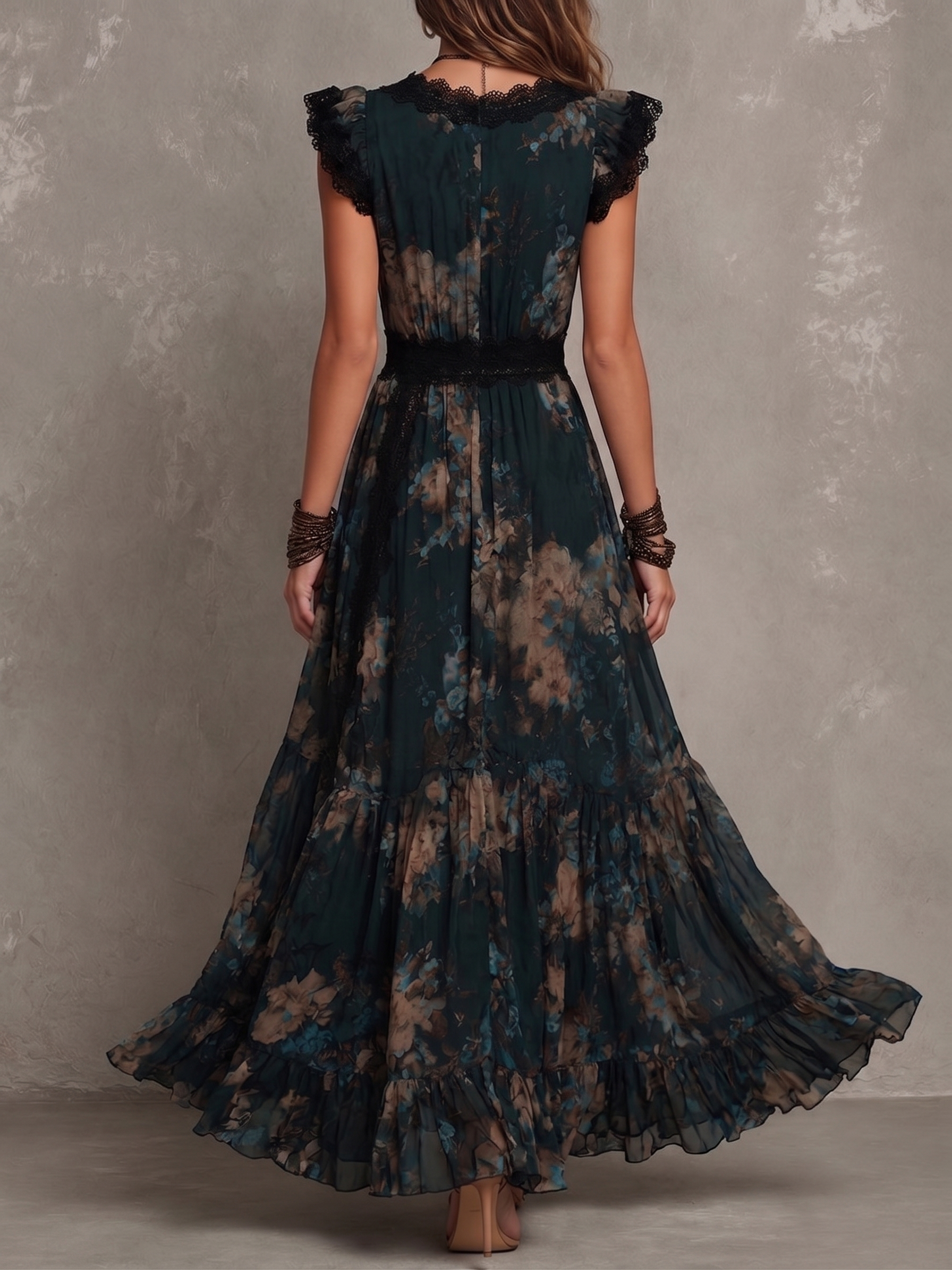 Ingrid™ | Vintage donkergroene maxi-jurk van chiffon met bloemenprint en kanten rand