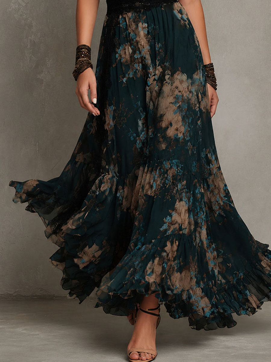 Ingrid™ | Vintage donkergroene maxi-jurk van chiffon met bloemenprint en kanten rand