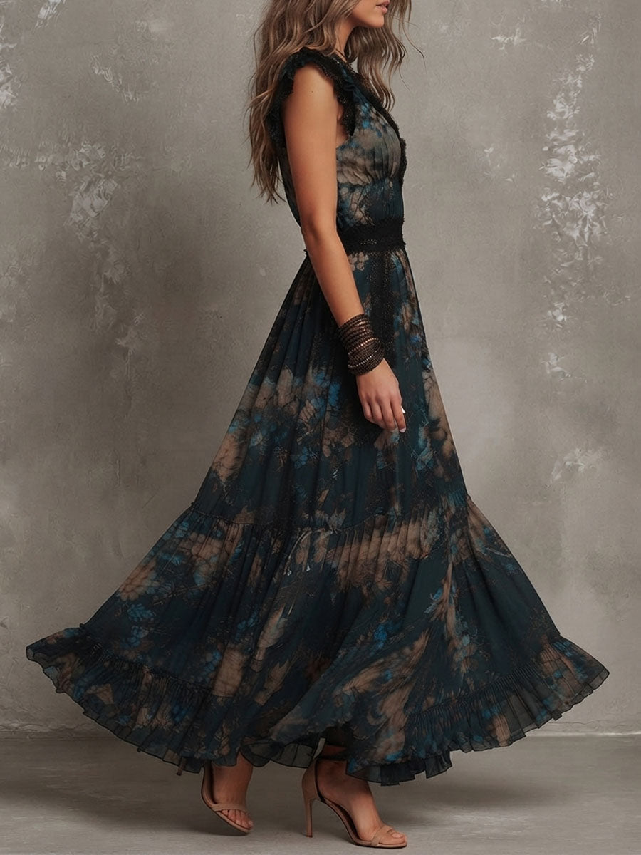Ingrid™ | Vintage donkergroene maxi-jurk van chiffon met bloemenprint en kanten rand