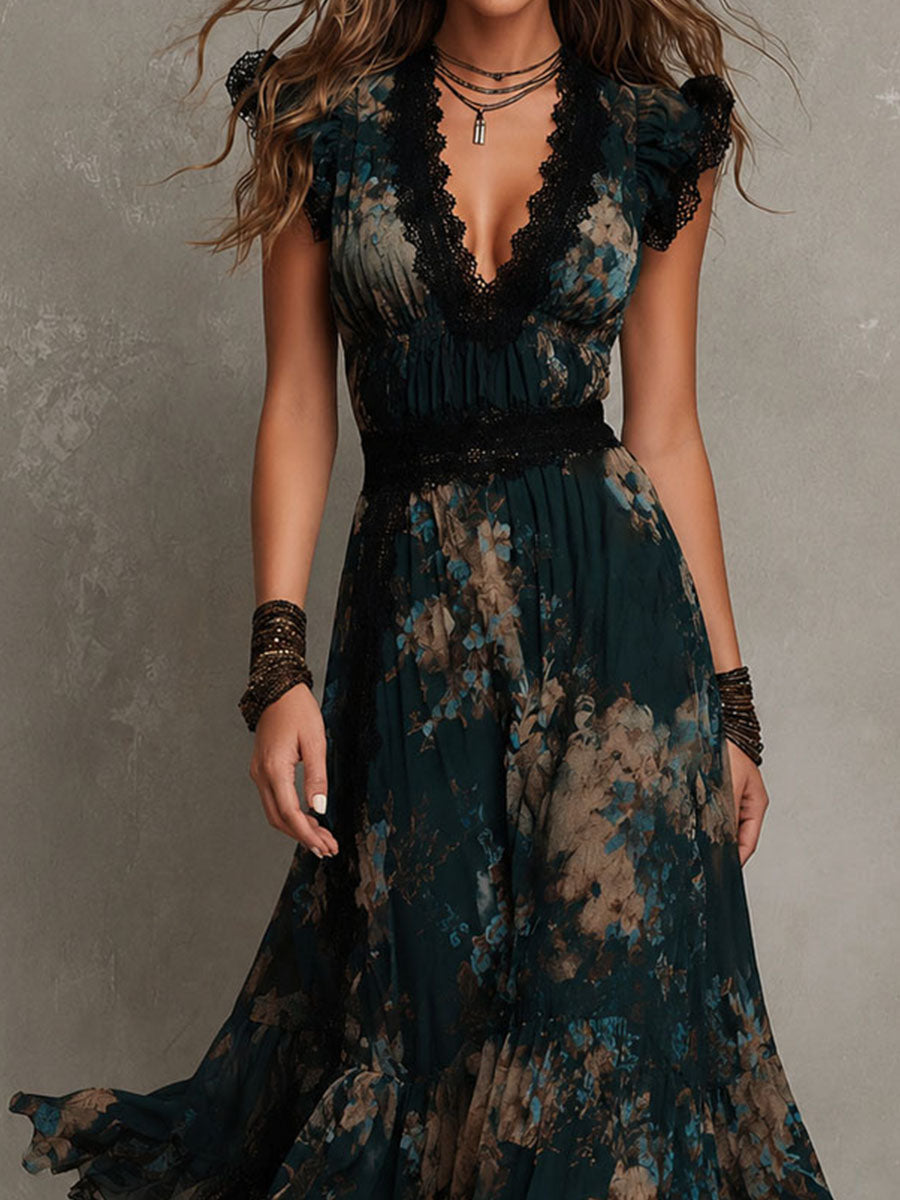 Ingrid™ | Vintage donkergroene maxi-jurk van chiffon met bloemenprint en kanten rand