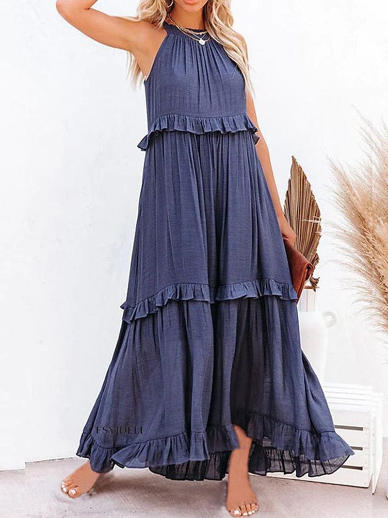 Anna™ Marine Blauwe Losse Zomerse Feestelijke Maxi Jurk
