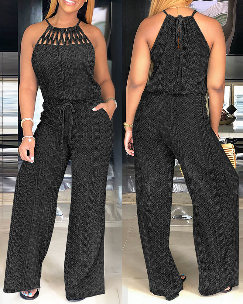 Women's Halter Tie Knit Jacquard Jumpsuit