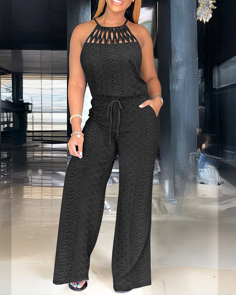 Women's Halter Tie Knit Jacquard Jumpsuit