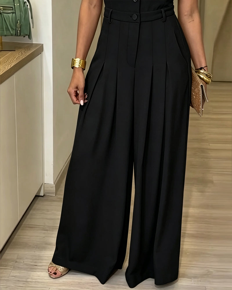 Vero™ | Jumpsuit met revers, V-hals, kapmouwtjes, hoge taille en wijde pijpen – elegante jumpsuit