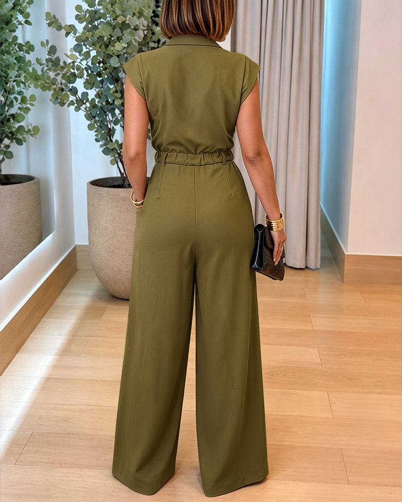 Vero™ | Jumpsuit met revers, V-hals, kapmouwtjes, hoge taille en wijde pijpen – elegante jumpsuit