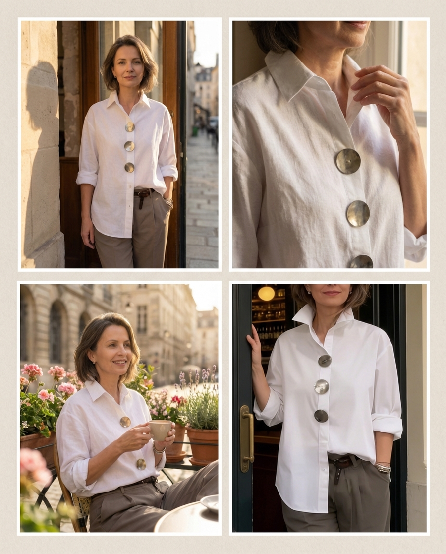 Shalani - Elegant Linen And Cotton Blouse With Metal Button