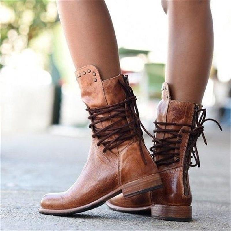 Elisa | Retro halfhoge laarzen met veters en studs
