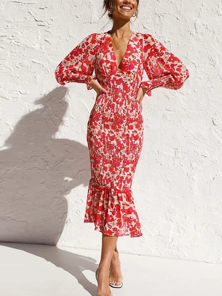 Hannah™ Rode Lange Mouwen Jurk Met Elegante Print En V-hals