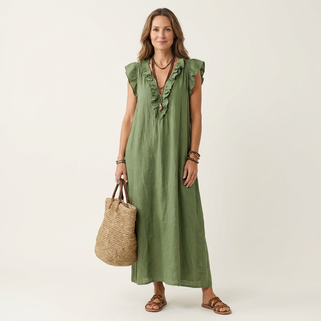 Josette | Linnen maxi-jurk met ruches en V-hals