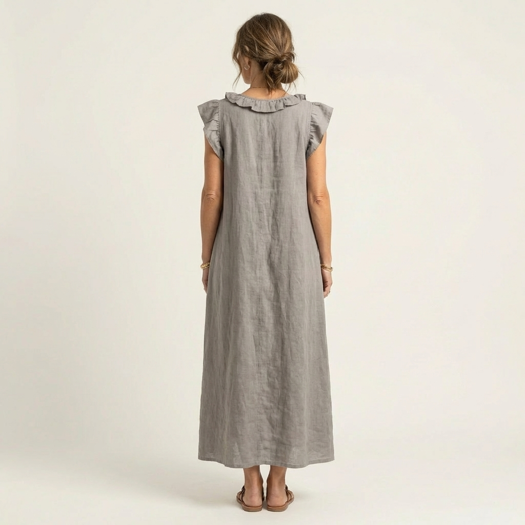 Josette | Linnen maxi-jurk met ruches en V-hals