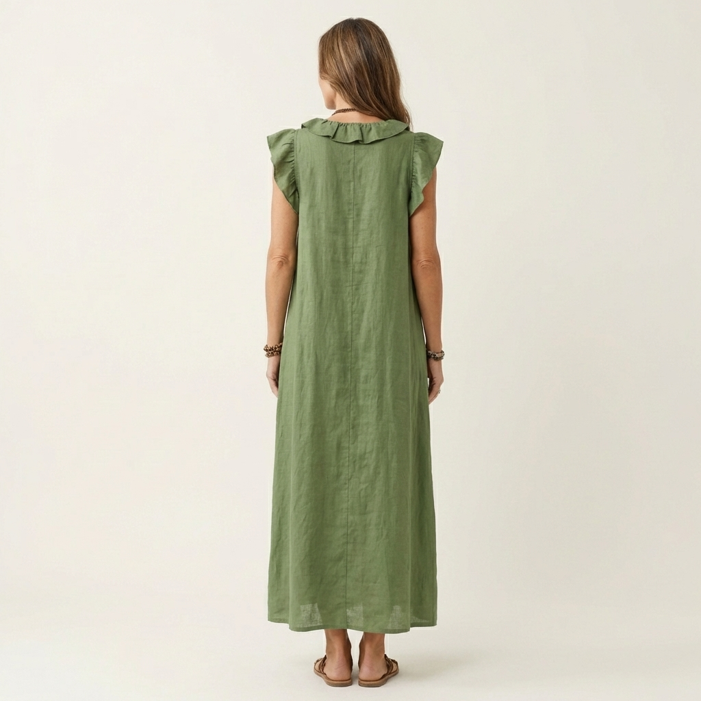 Josette | Linnen maxi-jurk met ruches en V-hals