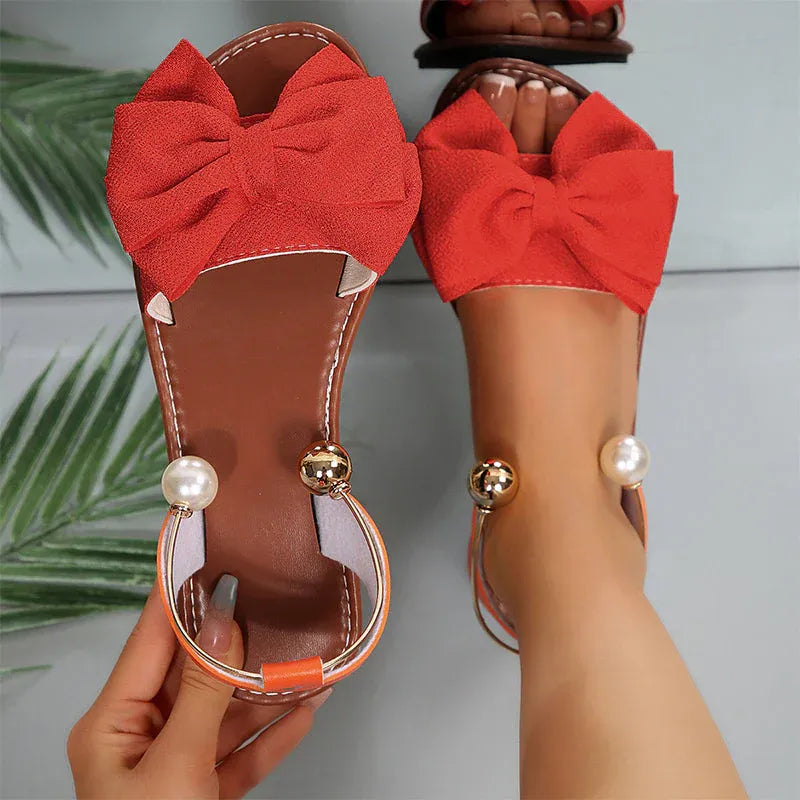 Pearl - Bow Accent Slingback Flat Sandals