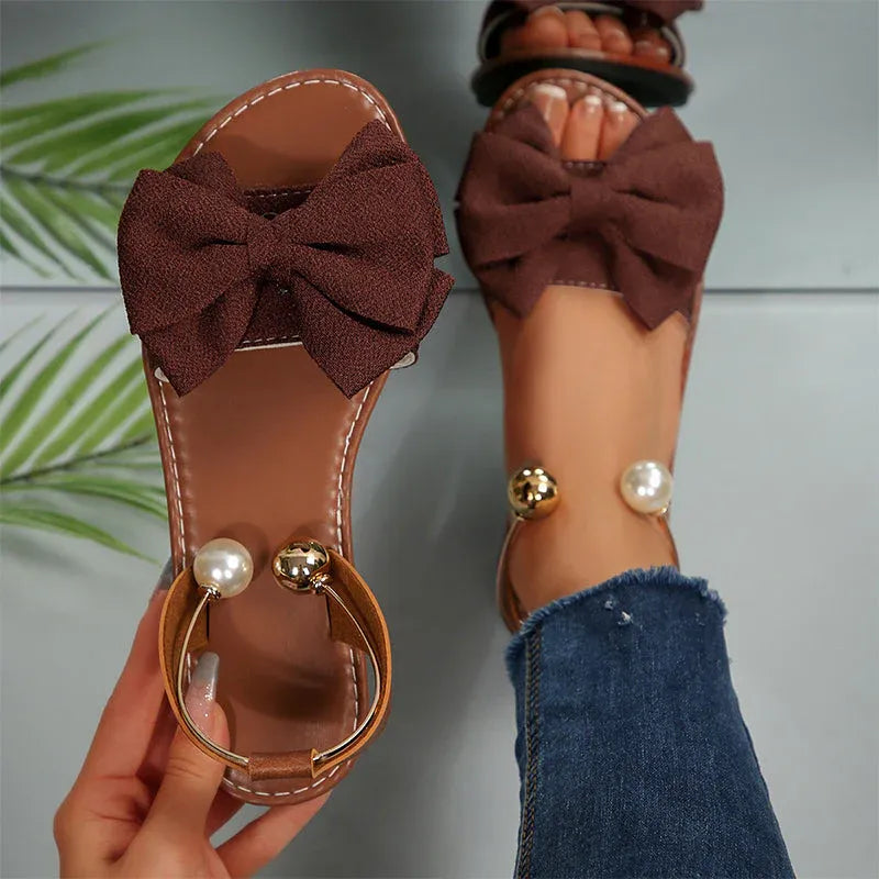 Pearl - Bow Accent Slingback Flat Sandals