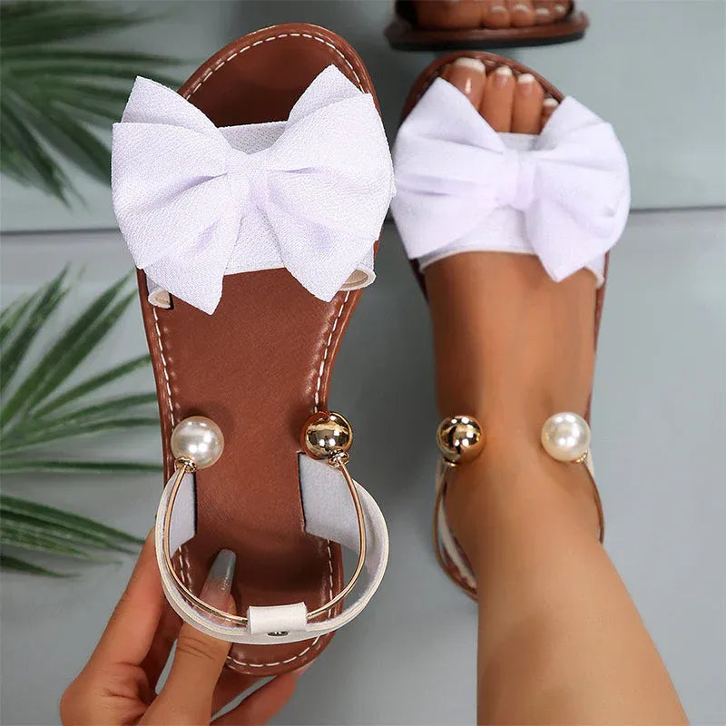 Pearl - Bow Accent Slingback Flat Sandals