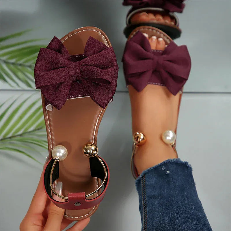 Pearl - Bow Accent Slingback Flat Sandals
