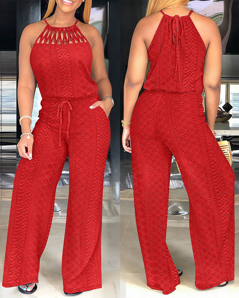 Women's Halter Tie Knit Jacquard Jumpsuit