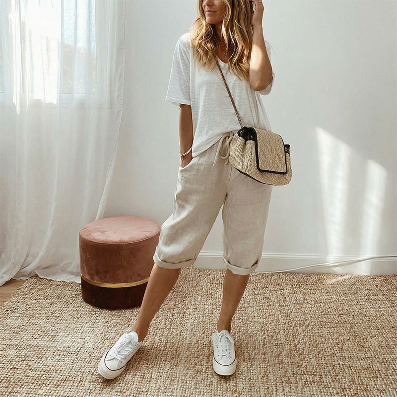 Casual cotton and linen capri pants for women