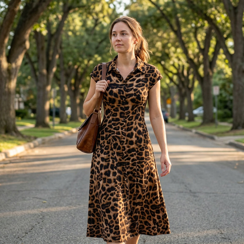 Romy™ | Elegante jurk met omgeslagen kraag en luipaardprint voor dames