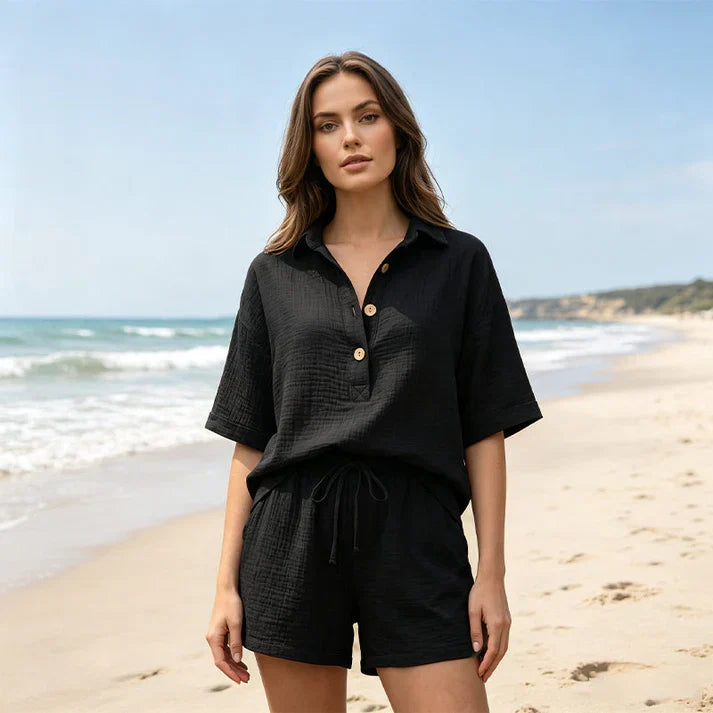 Rosa™ | Casual tweedelige shorts-set voor dames met knoopsluiting aan de voorkant