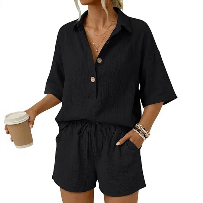 Rosa™ | Casual tweedelige shorts-set voor dames met knoopsluiting aan de voorkant
