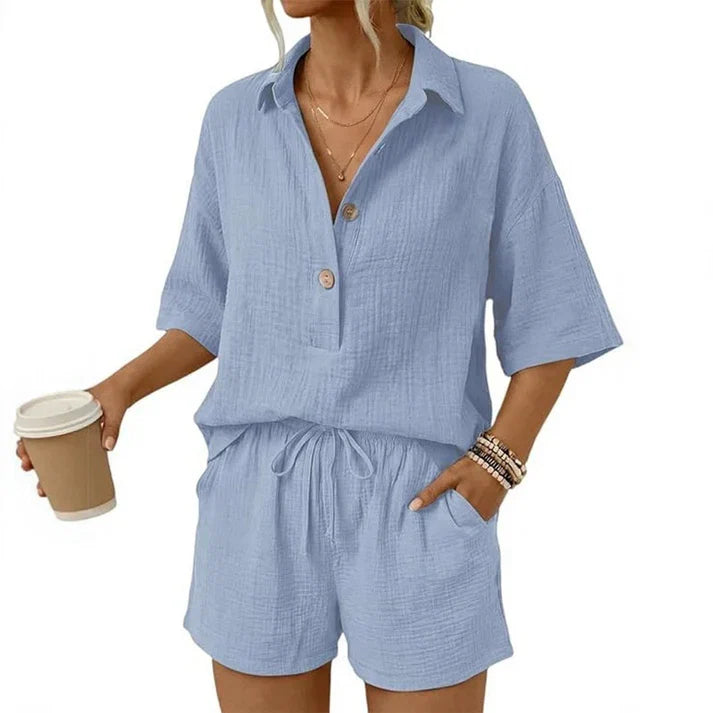 Rosa™ | Casual tweedelige shorts-set voor dames met knoopsluiting aan de voorkant