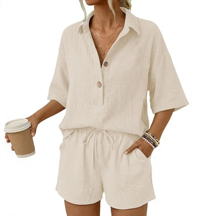 Rosa™ | Casual tweedelige shorts-set voor dames met knoopsluiting aan de voorkant