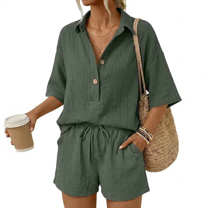 Rosa™ | Casual tweedelige shorts-set voor dames met knoopsluiting aan de voorkant