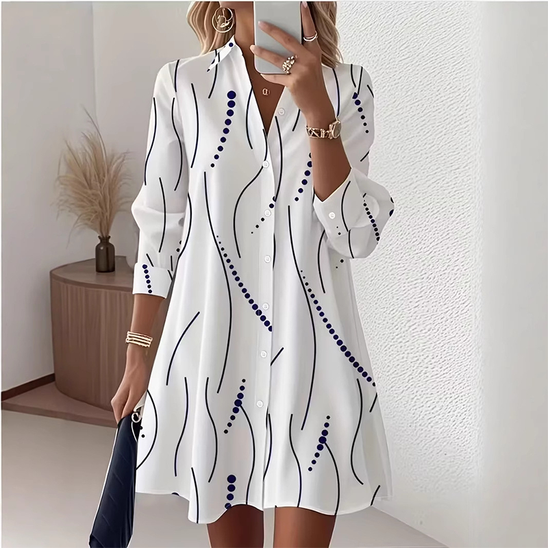 Fena™ | Damesshirtjurk met lange mouwen en print, casual, elegante midi-jurk met knopen