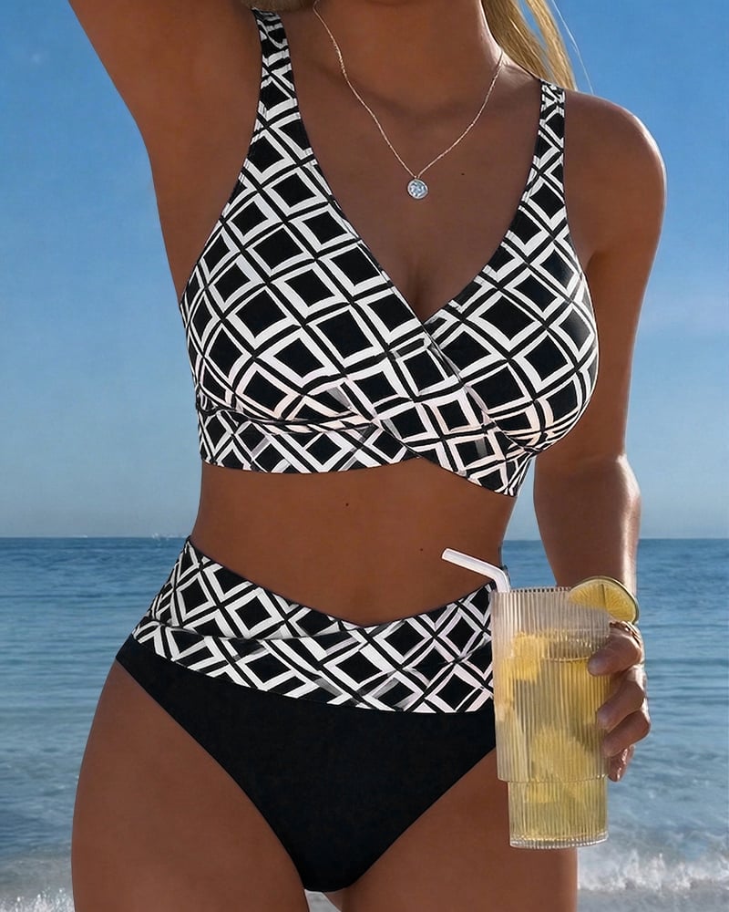 Two-piece bikini with a bra-style top and diamond pattern
