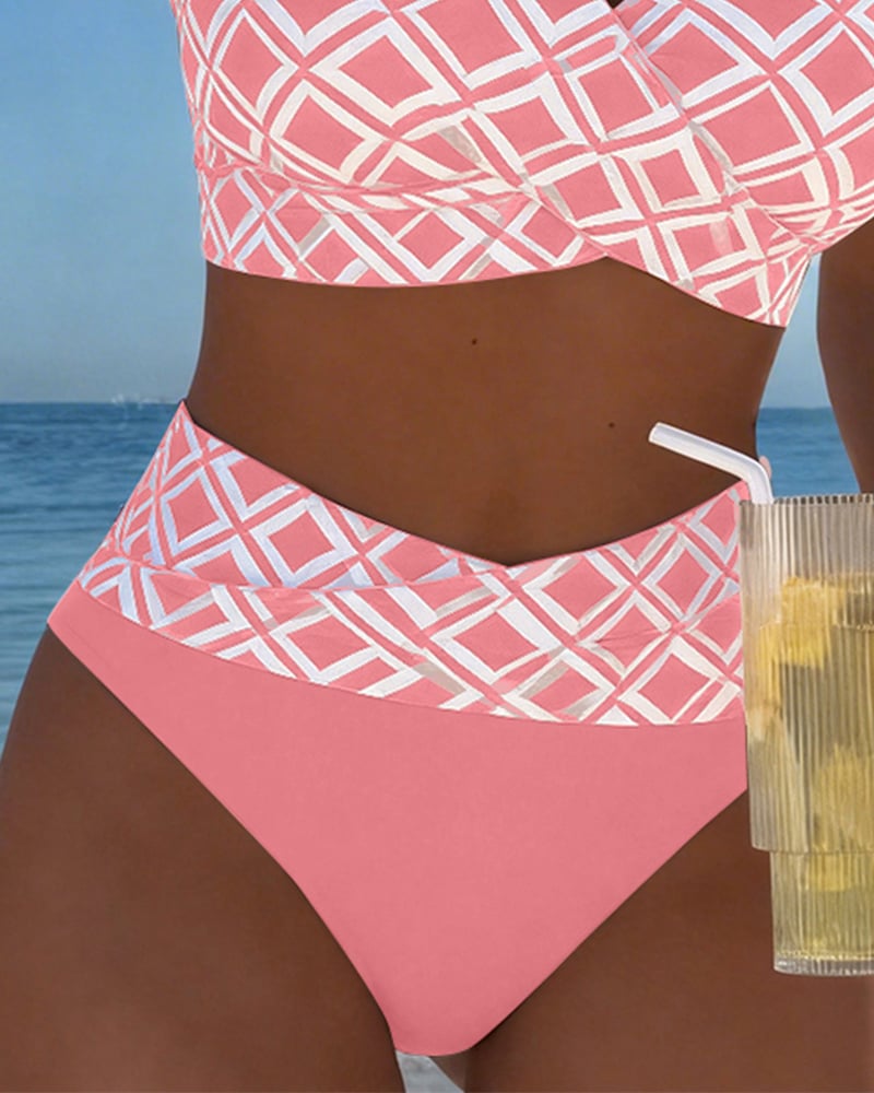 Two-piece bikini with a bra-style top and diamond pattern