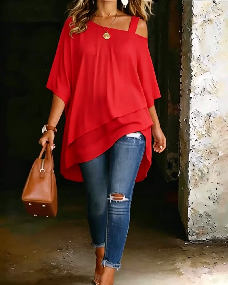Marie | Blouse met asymmetrische open schouders, effen kleur, casual