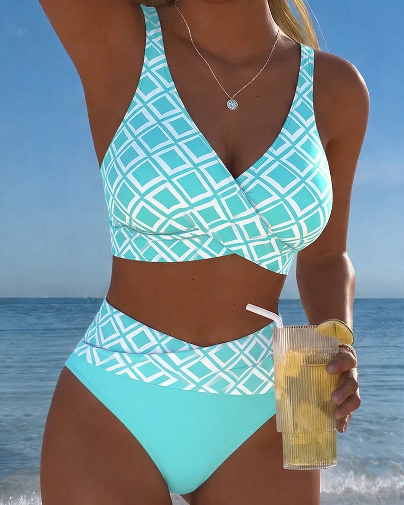 Two-piece bikini with a bra-style top and diamond pattern