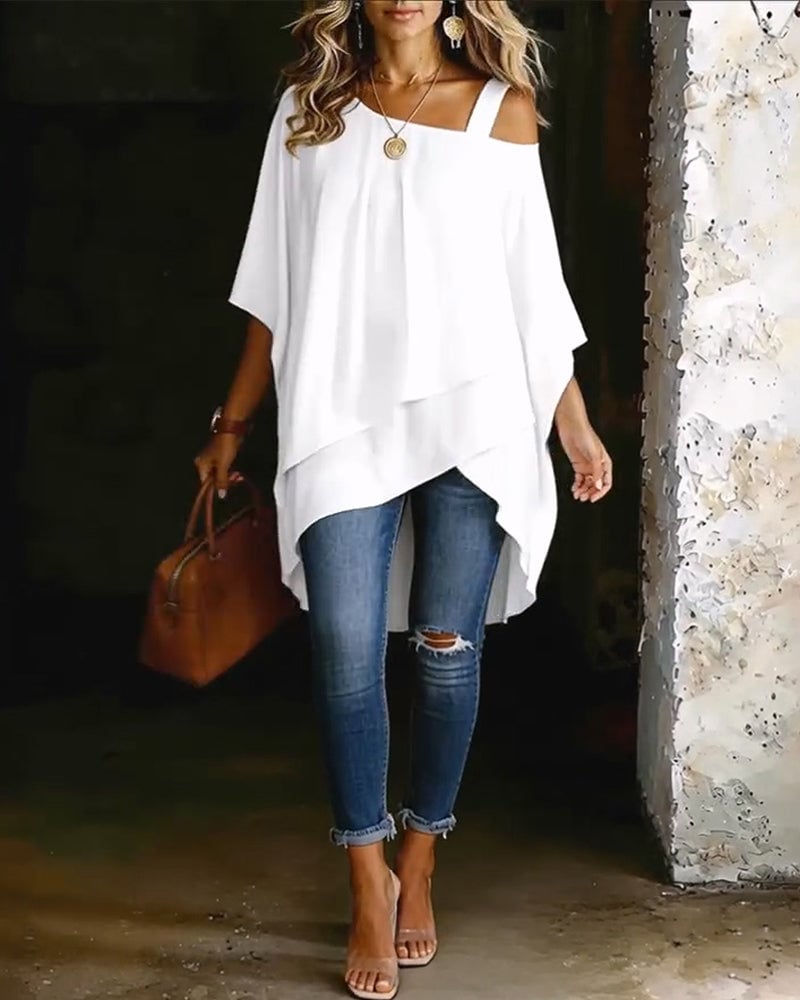 Marie | Blouse met asymmetrische open schouders, effen kleur, casual