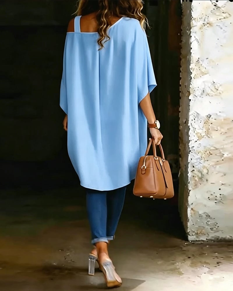 Marie | Blouse met asymmetrische open schouders, effen kleur, casual